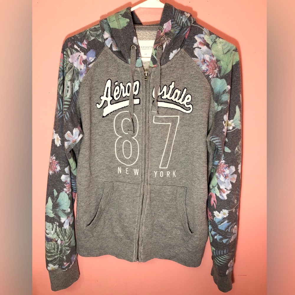 Aeropostale large flowered gray full zip sweater